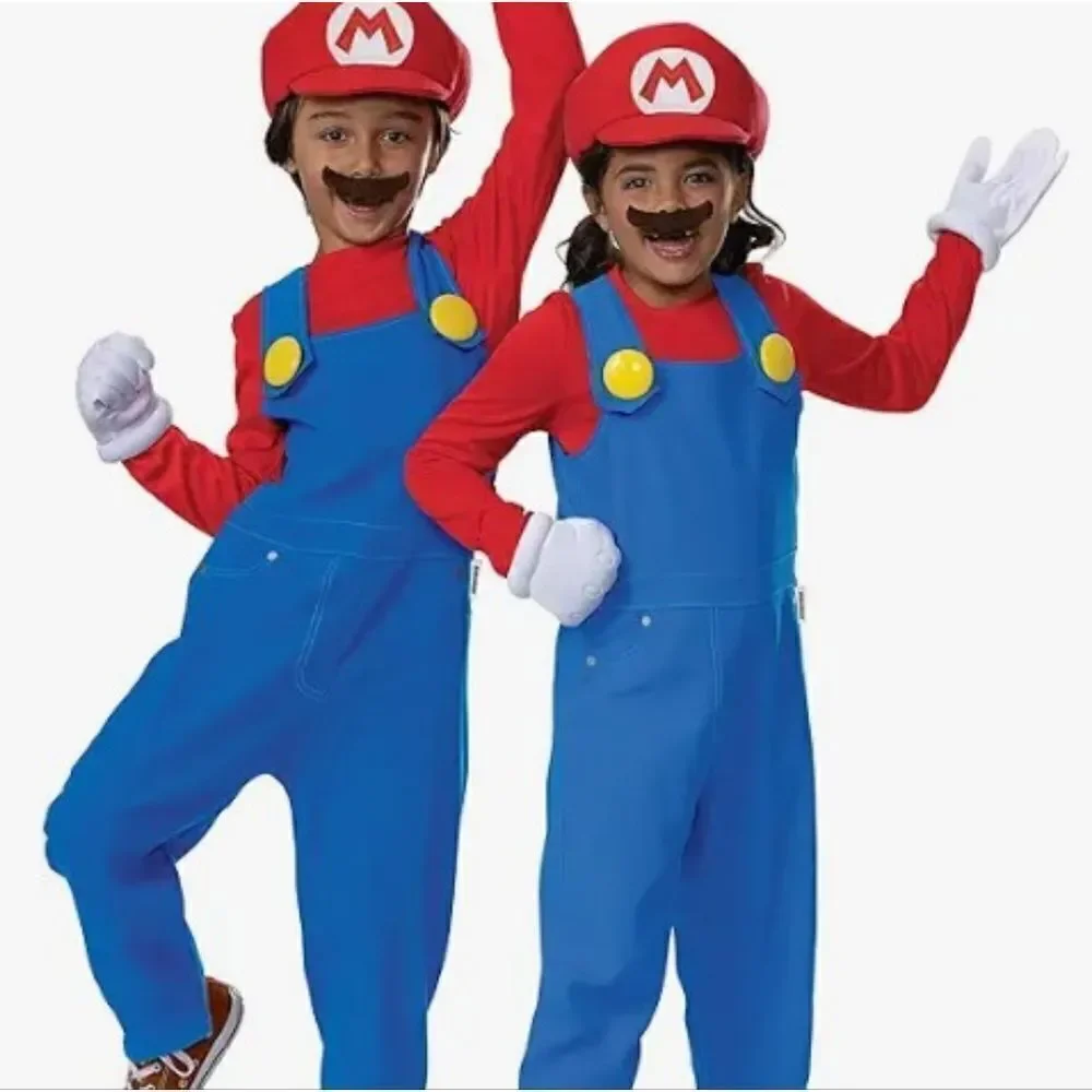 Mario styled costume for kids jumpsuit with hat mustache and gloves sx XL